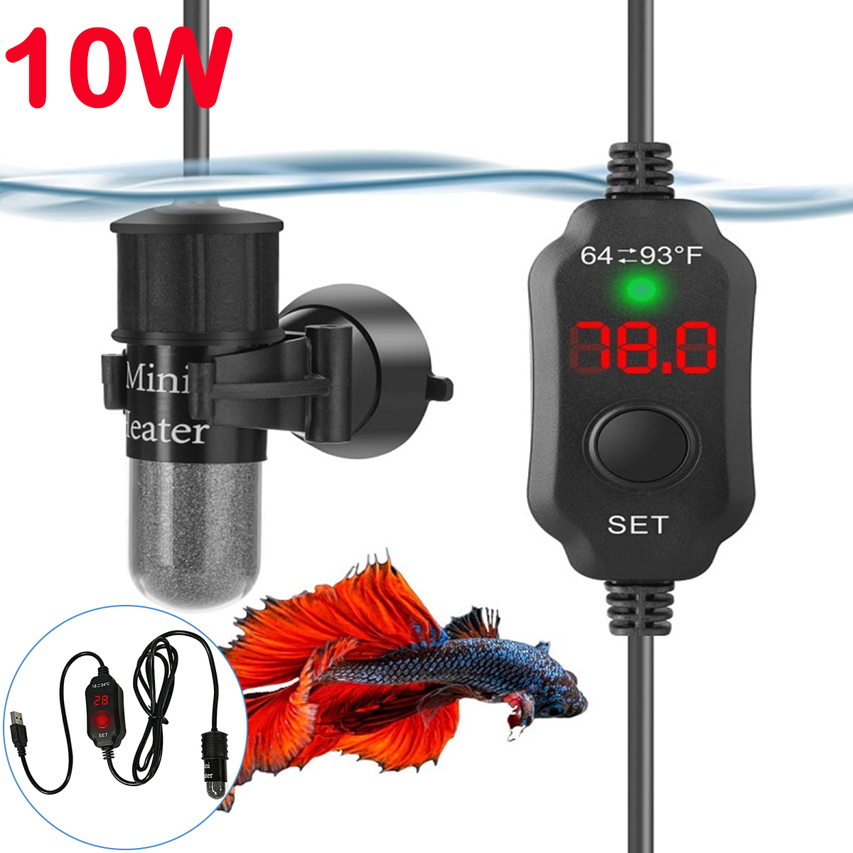 Marine Aquarium Mini - 10W Adjustable Aquarium Heater Rod 18-34°C